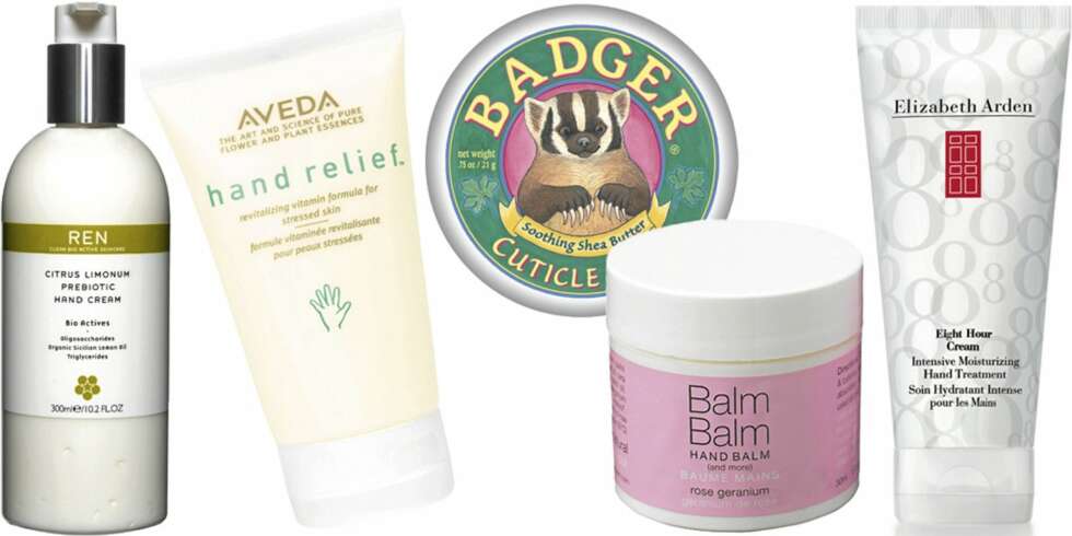 FRA VENSTRE: Ren Citrus Limonum Prebiotic Hand Cream (kr 245), Aveda Hand Relief (kr 355), Badger Cuticle Care (kr 175), Balm Balm økologisk Rose Geranium Hand Balm (kr 155), Elizabeth Arden Eight Hour Cream Intensive Moisturizing Hand Treatment (kr 195) FRA VENSTRE: Ren Citrus Limonum Prebiotic Hand Cream (kr 245), Aveda Hand Relief (kr 355), Badger Cuticle Care (kr 175), Balm Balm økologisk Rose Geranium Hand Balm (kr 155), Elizabeth Arden Eight Hour Cream Intensive Moisturizing Hand Treatment (kr 195)