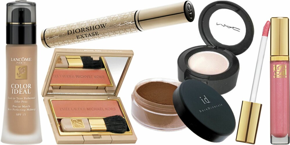 FRA VENSTRE: Lancôme Color Ideal foundation (kr 365), Dior Diorshow Extase Mascara (kr 280), Michael Kors for Estée Lauder rouge i fargen Very Hollywood (kr 345), i.d. Bare Minerals solpudder i fargen Warmth (kr 339), Mac Eyeshadow i fargen Vanilla (kr 140), Estée Lauder Pure Color Gloss i fargen Pink (kr 210) FRA VENSTRE: Lancôme Color Ideal foundation (kr 365), Dior Diorshow Extase Mascara (kr 280), Michael Kors for Estée Lauder rouge i fargen Very Hollywood (kr 345), i.d. Bare Minerals solpudder i fargen Warmth (kr 339), Mac Eyeshadow i fargen Vanilla (kr 140), Estée Lauder Pure Color Gloss i fargen Pink (kr 210)