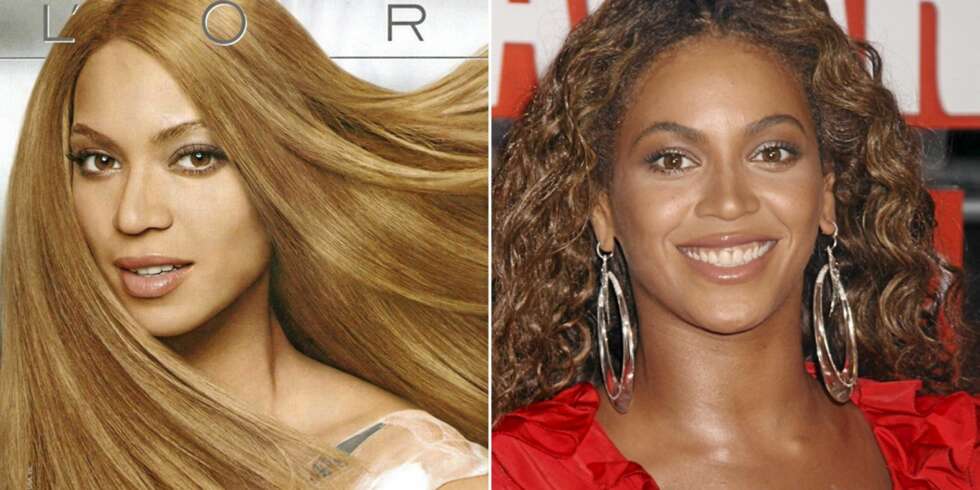 RETSJERT LYSERE?: Til venstre ser du Beyoncé i L'Oréal reklamen, til høyre et bilde av henne fra MTV MUsic Award. RETSJERT LYSERE?: Til venstre ser du Beyoncé i L'Oréal reklamen, til høyre et bilde av henne fra MTV MUsic Award.