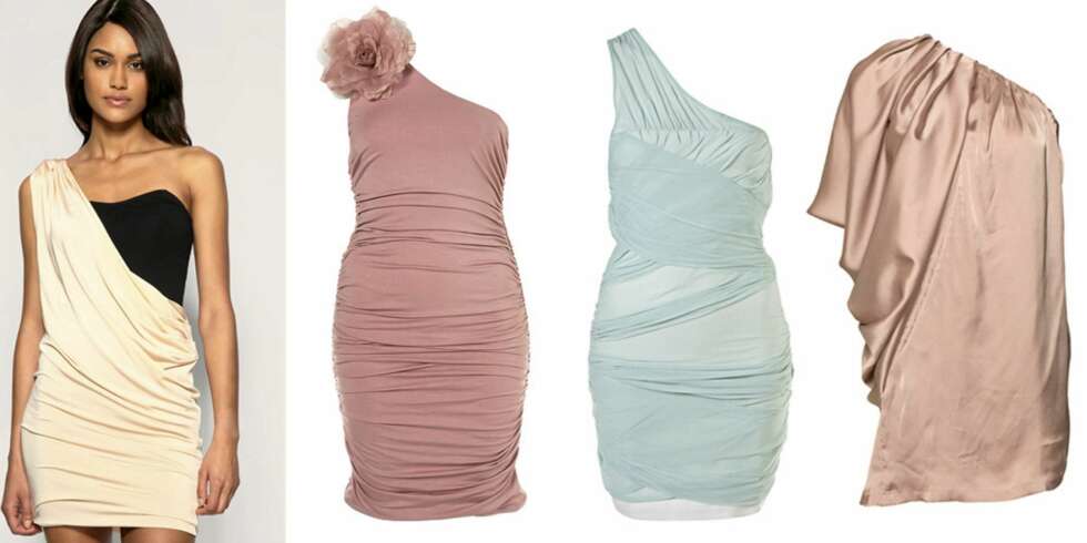FRA VENSTRE: Drapert kjole fra Asos (kr 478), rosa kjole med blomsterapplikasjon (kr 380) og pastellblå kjole (kr 429), begge fra Topshop, drapert kjole fra Jeane Blush (kr 259). FRA VENSTRE: Drapert kjole fra Asos (kr 478), rosa kjole med blomsterapplikasjon (kr 380) og pastellblå kjole (kr 429), begge fra Topshop, drapert kjole fra Jeane Blush (kr 259).