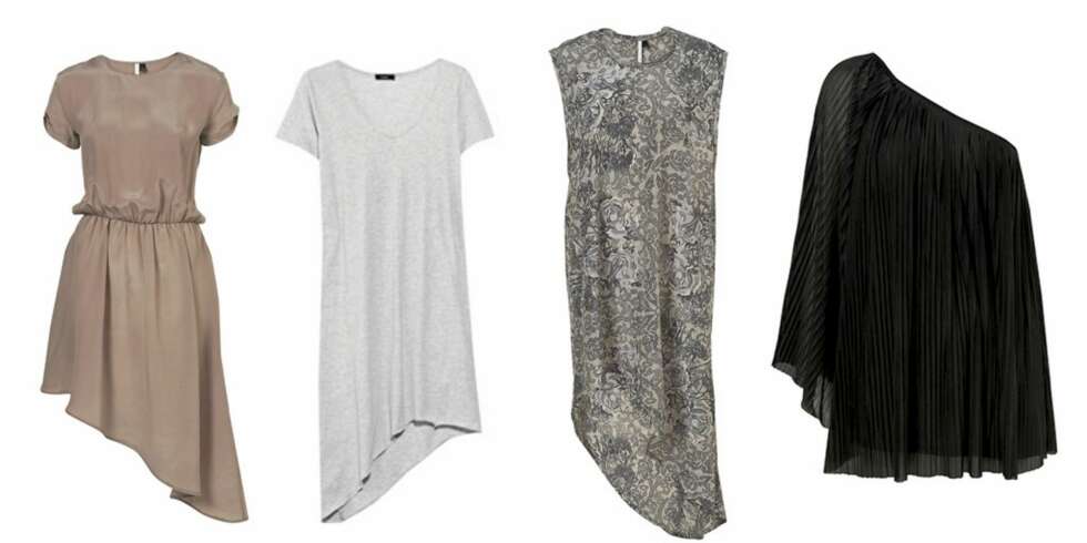 FRA VENSTRE: Kjole med asymmetrisk skjørt fra Topshop (kr 666), gråmelert lang t-skjorte fra Bassike (kr 967), assymetrisk kjole med blondeprint (kr 618) og sort tunika (kr 383), begge fra Topshop. FRA VENSTRE: Kjole med asymmetrisk skjørt fra Topshop (kr 666), gråmelert lang t-skjorte fra Bassike (kr 967), assymetrisk kjole med blondeprint (kr 618) og sort tunika (kr 383), begge fra Topshop.