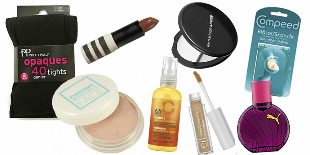 FRA VENSTRE: Strømpebukse fra Pretty Polly (kr 89), leppestift fra Topshop (kr 76), Everyday Minerals Natural Reflections Powder (kr 145), speil fra HogM (kr 19,50), Energixing Facial Spritz fra The Body Shop (kr 149), Tone Correcting Concealer fra Elf (kr 16), gnagsårplaster fra Compeed (kr 82), Puma animagical 20ml Parfyme (kr 135). FRA VENSTRE: Strømpebukse fra Pretty Polly (kr 89), leppestift fra Topshop (kr 76), Everyday Minerals Natural Reflections Powder (kr 145), speil fra HogM (kr 19,50), Energixing Facial Spritz fra The Body Shop (kr 149), Tone Correcting Concealer fra Elf (kr 16), gnagsårplaster fra Compeed (kr 82), Puma animagical 20ml Parfyme (kr 135).