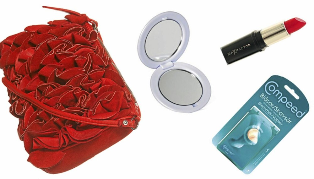FRA VENSTRE: Veske fra Topshop (kr 304), speil fra Elf (kr 16), leppestift fra Maxfactor (kr 99), gnagsårplaster fra Compeed (kr 82). FRA VENSTRE: Veske fra Topshop (kr 304), speil fra Elf (kr 16), leppestift fra Maxfactor (kr 99), gnagsårplaster fra Compeed (kr 82).