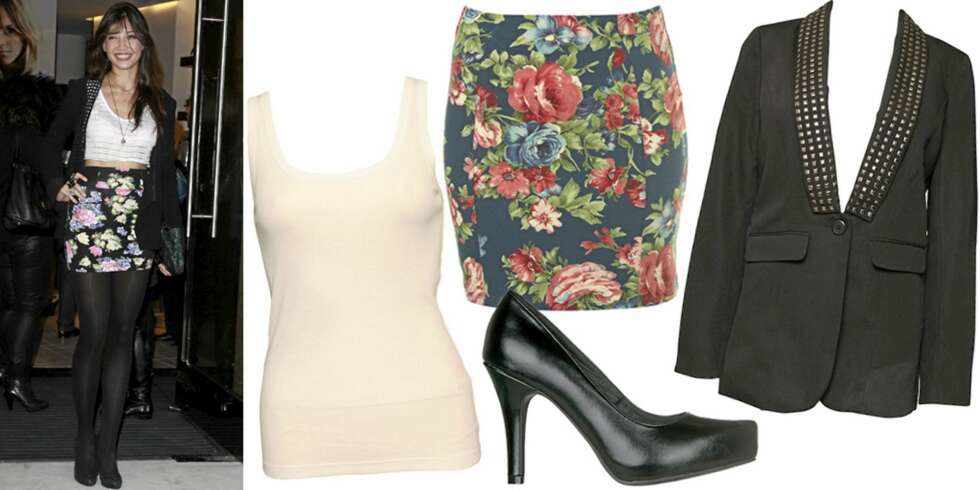 FRA VENSTRE: Singlet fra Filippa K (kr 300), blomstrete skjørt fra Topshop (kr 235), pumps fra Din Sko (kr 349), blazer med nagler fra Only (kr 499). FRA VENSTRE: Singlet fra Filippa K (kr 300), blomstrete skjørt fra Topshop (kr 235), pumps fra Din Sko (kr 349), blazer med nagler fra Only (kr 499).