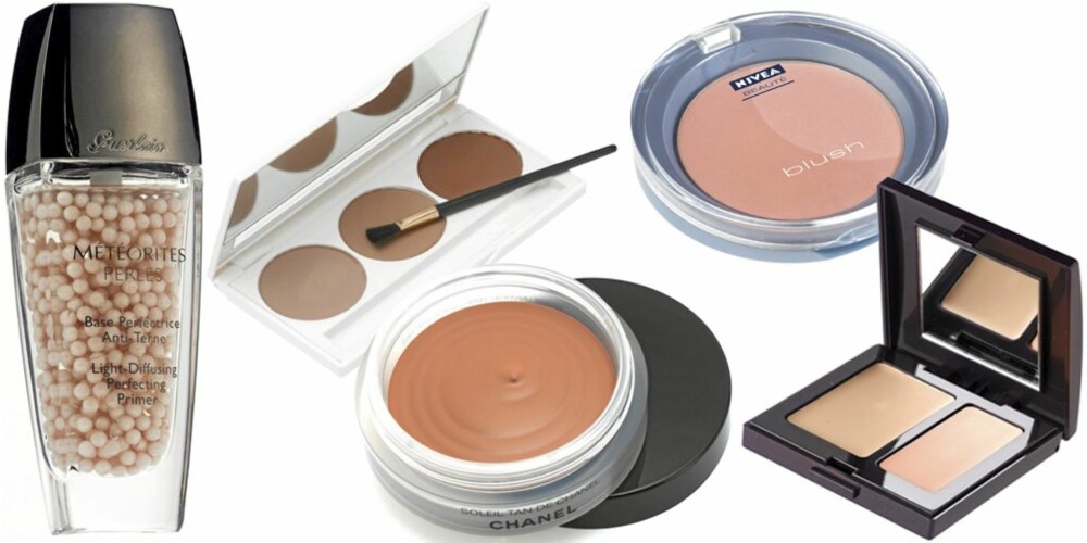 FRA VENSTRE: Guerlain Météorites Perles Light-Diffusing Perfecting Primer (kr 560), Bloom Brow Kit (kr 285), Chanel Bronze Makeup Base (kr 370), Nivea Stay Real Blush nr. 01 (kr 105), Laura Mercier Secret Camouflage Concealer (kr 350). FRA VENSTRE: Guerlain Météorites Perles Light-Diffusing Perfecting Primer (kr 560), Bloom Brow Kit (kr 285), Chanel Bronze Makeup Base (kr 370), Nivea Stay Real Blush nr. 01 (kr 105), Laura Mercier Secret Camouflage Concealer (kr 350).