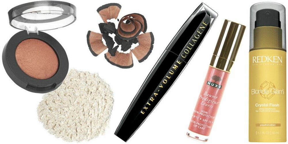 FRA VENSTRE: Gosh Glam Eye Shadow nr. 16 (kr 89), Jane Iredale Pigment 24 Carat Gold (kr 155), Elizabeth Erden kajal (kr 150), L'Oréal Extra-Volume Collagene Mascara (kr 159), Nuxe Baume Lipgloss (kr 175), Redken Blond Glam Crystal Flash (kr 328). FRA VENSTRE: Gosh Glam Eye Shadow nr. 16 (kr 89), Jane Iredale Pigment 24 Carat Gold (kr 155), Elizabeth Erden kajal (kr 150), L'Oréal Extra-Volume Collagene Mascara (kr 159), Nuxe Baume Lipgloss (kr 175), Redken Blond Glam Crystal Flash (kr 328).