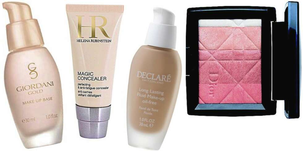 FRA VENSTRE: Oriflame Giordani Gold Makeup Base (kr 229), Helena Rubinstein Magic Consealer (kr 255), Declaré Long Lasting Fluid Makeup (kr 195), Dior Poudre Shimmer (kr 365). FRA VENSTRE: Oriflame Giordani Gold Makeup Base (kr 229), Helena Rubinstein Magic Consealer (kr 255), Declaré Long Lasting Fluid Makeup (kr 195), Dior Poudre Shimmer (kr 365).