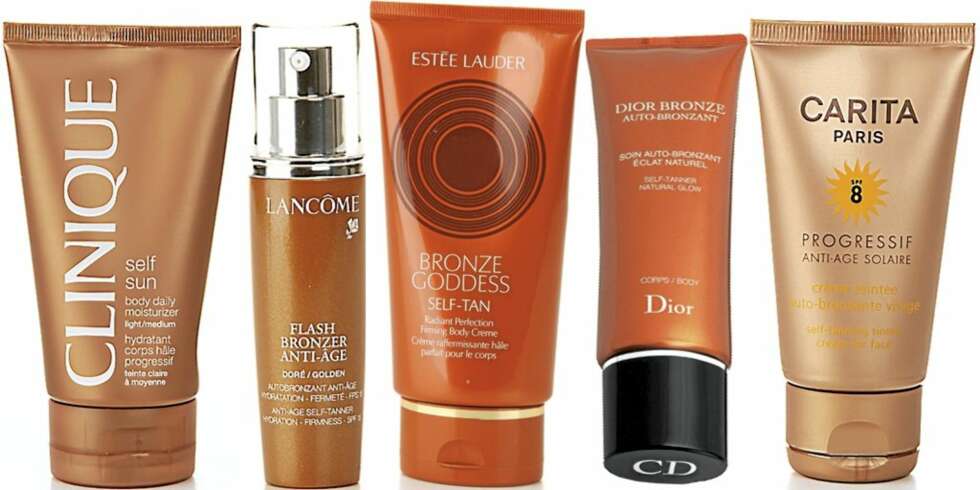 FRA VENSTRE: Clinique Self sun body daily moisturizer (kr 210), Lanôme Flash bronzer anti-age (kr 450), Estèe Lauder Bronze goddess self-tan body creme (kr 240), Dior Tube bronzer self-tanner natural glow (kr 300), Carita Progressif anti-age solaire self-tanning tinted cream for face (kr 680). FRA VENSTRE: Clinique Self sun body daily moisturizer (kr 210), Lanôme Flash bronzer anti-age (kr 450), Estèe Lauder Bronze goddess self-tan body creme (kr 240), Dior Tube bronzer self-tanner natural glow (kr 300), Carita Progressif anti-age solaire self-tanning tinted cream for face (kr 680).