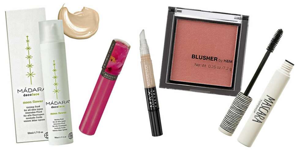 FRA VENSTRE: Madara Moon Flower Tinting Fluid (kr 235), L`Occitane Pivoine Peony Lipgloss (kr 139), MaxFactor Mastertouch Under Eye Concealer (kr 95), H&M Blusher (kr 39,50), Topshop Mascara (kr 78). FRA VENSTRE: Madara Moon Flower Tinting Fluid (kr 235), L`Occitane Pivoine Peony Lipgloss (kr 139), MaxFactor Mastertouch Under Eye Concealer (kr 95), H&M Blusher (kr 39,50), Topshop Mascara (kr 78).