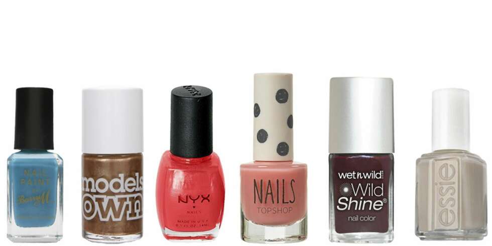 FRA VENSTRE: Barry M (kr 29), Models Own (kr 48), NYX (kr 95), Topshop (kr 48), Wet N' Wild (kr 39), Essie (kr 149). FRA VENSTRE: Barry M (kr 29), Models Own (kr 48), NYX (kr 95), Topshop (kr 48), Wet N' Wild (kr 39), Essie (kr 149).