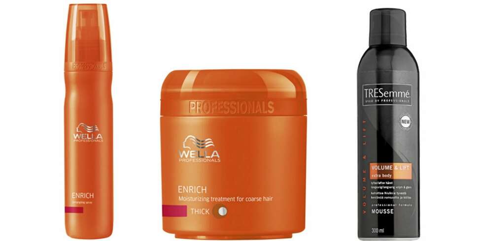 FRA VENSTRE: Wella Proffessionals Shampoo (kr 189), Wella Profesionals Mousturizing Treatment (kr 222), Tresemmé Volum Mousse (kr 99). FRA VENSTRE: Wella Proffessionals Shampoo (kr 189), Wella Profesionals Mousturizing Treatment (kr 222), Tresemmé Volum Mousse (kr 99).