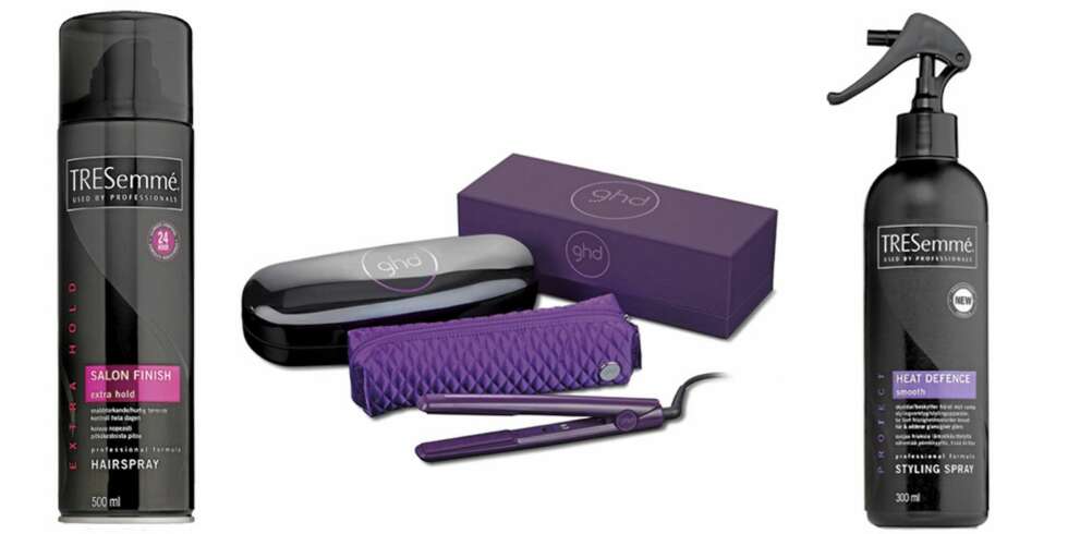 FRA VENSTRE: Tresemmé Mousse (kr 99), GHD rettetang (kr 1999), Tresemmé Heat Defence (kr 99). FRA VENSTRE: Tresemmé Mousse (kr 99), GHD rettetang (kr 1999), Tresemmé Heat Defence (kr 99).