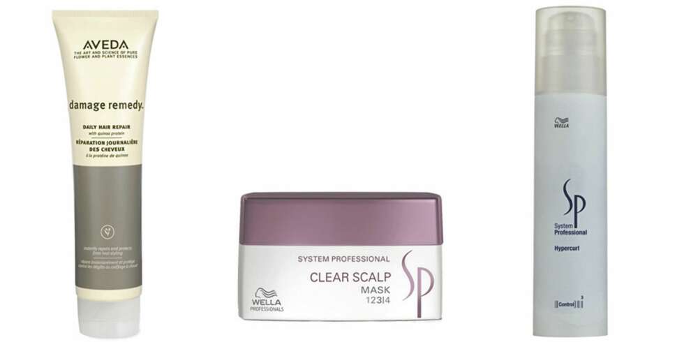FRA VENSTRE: Aveda Damage Remedy Daily Hair Repair (kr 380), Wella System Professioals Clear Scalp MAsk (kr 279), Wella System Professional Hypercurl (kr 255). FRA VENSTRE: Aveda Damage Remedy Daily Hair Repair (kr 380), Wella System Professioals Clear Scalp MAsk (kr 279), Wella System Professional Hypercurl (kr 255).