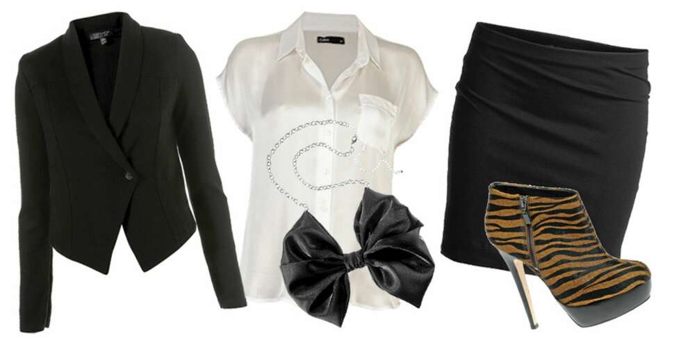 FRA VENSTRE: blazer fra Topshop (kr 506), skjorte fra Cubus (kr 199), kjede fra HogM (kr 49,50), skjørt fra Lindex (kr 99), sko fra Asos (kr 737). FRA VENSTRE: blazer fra Topshop (kr 506), skjorte fra Cubus (kr 199), kjede fra HogM (kr 49,50), skjørt fra Lindex (kr 99), sko fra Asos (kr 737).