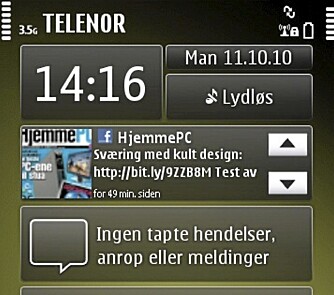 WIDGETS: En Widget kan ikke bruke mer enn 1/6 av skjermen på Nokia N8. Det gir dårlig plass for Facebook-oppdateringer og lignende. WIDGETS: En Widget kan ikke bruke mer enn 1/6 av skjermen på Nokia N8. Det gir dårlig plass for Facebook-oppdateringer og lignende.