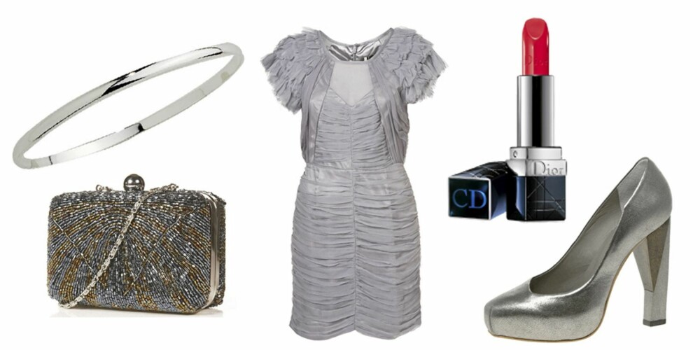 FRA VENSTRE: Armbånd fra Bjørklund (kr 398), veske fra Topshop (kr 420), kjole fra Topshop (kr 1590), leppestift fra DIor (kr 265) og pumps fra Finsk (kr 4050). FRA VENSTRE: Armbånd fra Bjørklund (kr 398), veske fra Topshop (kr 420), kjole fra Topshop (kr 1590), leppestift fra DIor (kr 265) og pumps fra Finsk (kr 4050).