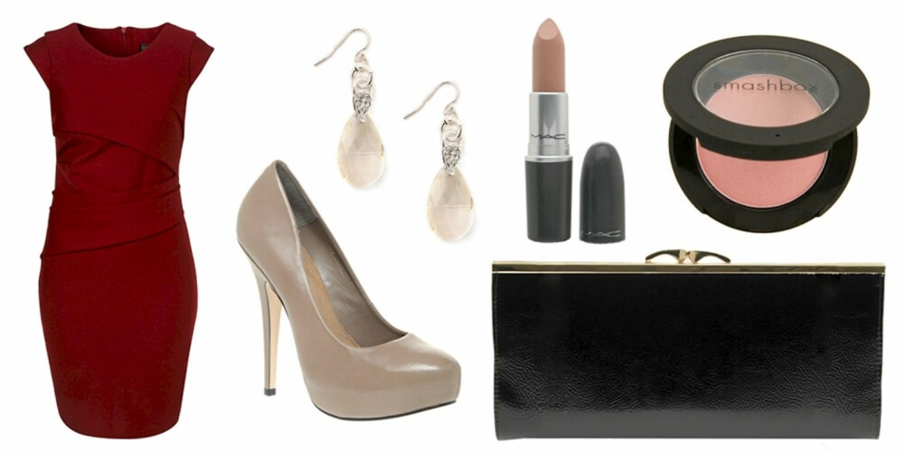 FRA VENSTRE: Kjole fra Topshop (kr 355), pumps fra Asos (kr 675), øredobber fra Maloa/Nelly.no (kr 279), leppestift fra MAC i fargen Myth (kr 155), rouge fra Smashbox i fargen Flush (kr 269) og clutch fra Asos (kr 208). FRA VENSTRE: Kjole fra Topshop (kr 355), pumps fra Asos (kr 675), øredobber fra Maloa/Nelly.no (kr 279), leppestift fra MAC i fargen Myth (kr 155), rouge fra Smashbox i fargen Flush (kr 269) og clutch fra Asos (kr 208).