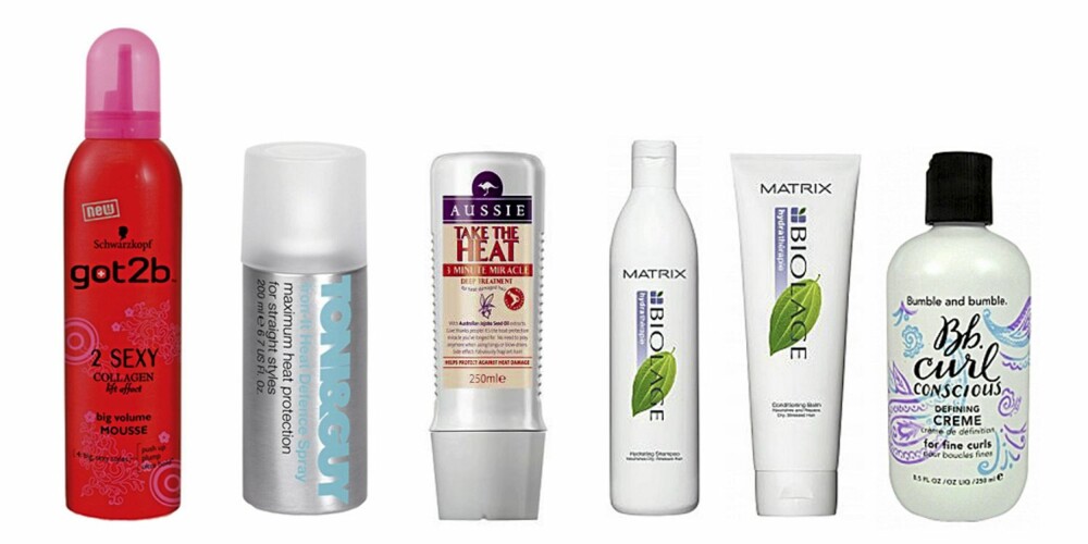 FRA VENSTRE: Mousse fra Got2b (kr79), varmebeskyttende spray fra Toni og Guy (kr 130), Aussie Take The Heat Treatment (kr 129), Biolage Hydrating sjampo og balsam (kr 199) og Bumble og Bumble Curl Define Creme (kr 169). FRA VENSTRE: Mousse fra Got2b (kr79), varmebeskyttende spray fra Toni og Guy (kr 130), Aussie Take The Heat Treatment (kr 129), Biolage Hydrating sjampo og balsam (kr 199) og Bumble og Bumble Curl Define Creme (kr 169).