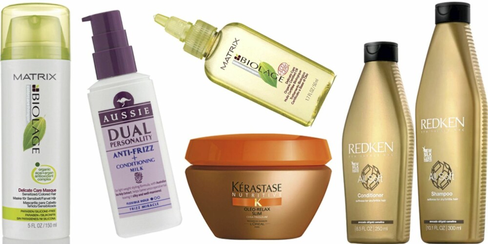 FRA VENSTRE: Matrix Biolage Delicate Care Mask (kr 218), Aussie Anti-frizz Conditioning Milk (kr 95), Kérastase Nutritive Olé-Relax (kr 230), Matrix Biolage Delicate Care Organic Oil (kr 218), Redken All Soft Conditioner (kr 280), Redken All Soft Shampoo (kr 268). FRA VENSTRE: Matrix Biolage Delicate Care Mask (kr 218), Aussie Anti-frizz Conditioning Milk (kr 95), Kérastase Nutritive Olé-Relax (kr 230), Matrix Biolage Delicate Care Organic Oil (kr 218), Redken All Soft Conditioner (kr 280), Redken All Soft Shampoo (kr 268).