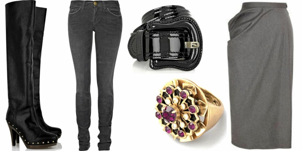 FRA VENSTRE: Boots fra Stella McCartney (kr 2930), jeans fra Current/Elliott (kr 1400), belte fra Fendi (kr 1760), ring fra Juicy Couture (kr 360), skjørt fra Vivienne Westwood Anglomania (kr 1100). FRA VENSTRE: Boots fra Stella McCartney (kr 2930), jeans fra Current/Elliott (kr 1400), belte fra Fendi (kr 1760), ring fra Juicy Couture (kr 360), skjørt fra Vivienne Westwood Anglomania (kr 1100).