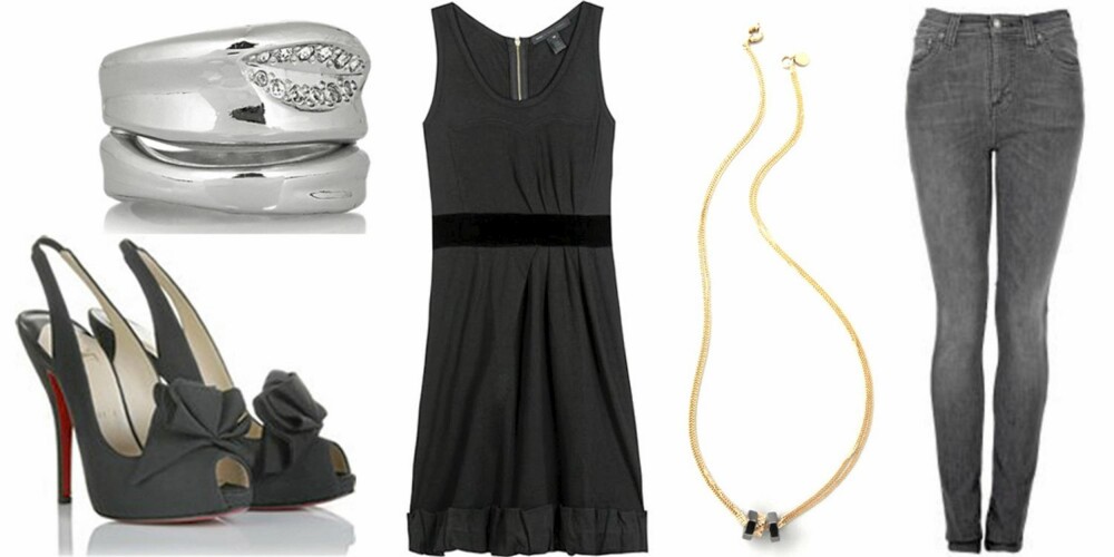 FRA VENSTRE: Pensko fra Christian Louboutin (kr 3560), ring fra Versace (kr 680), kjole fra Marc by Marc Jacobs (kr 1560), kjede fra Marc by marc Jacobs (kr 360), jeans fra Nudie Jeans (kr 730). FRA VENSTRE: Pensko fra Christian Louboutin (kr 3560), ring fra Versace (kr 680), kjole fra Marc by Marc Jacobs (kr 1560), kjede fra Marc by marc Jacobs (kr 360), jeans fra Nudie Jeans (kr 730).
