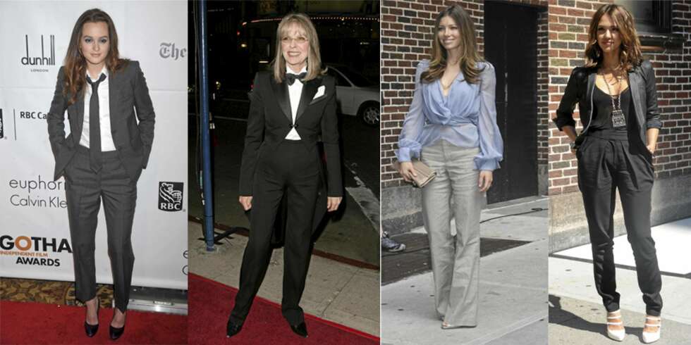 STILFULLE: Både Leighton Meester, Diane Keaton, Jessica Biel og Jessica Alba bruker dressbukser når de skal pynte seg. STILFULLE: Både Leighton Meester, Diane Keaton, Jessica Biel og Jessica Alba bruker dressbukser når de skal pynte seg.