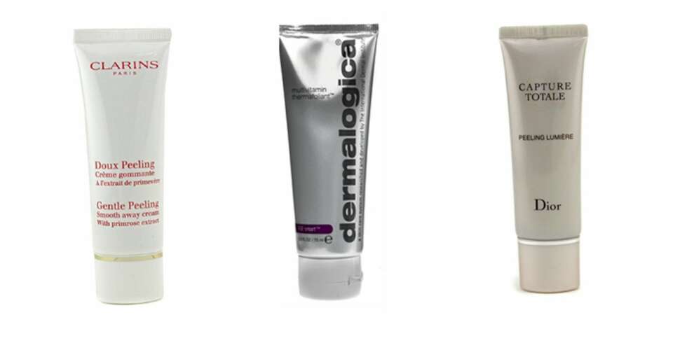 FRA VENSTRE: Clarins Gentle Peeling Smooth Away Cream (kr 201), Dermalogica Multivitamin Thermafoliant (kr 449), Christian Dior Capture Totale Peelien Lumière (kr 496). FRA VENSTRE: Clarins Gentle Peeling Smooth Away Cream (kr 201), Dermalogica Multivitamin Thermafoliant (kr 449), Christian Dior Capture Totale Peelien Lumière (kr 496).