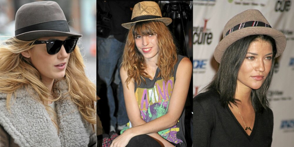 DAMER FOR SIN HATT: Blake Lively, Lou Doillon og Jessica Szohr bærer hatten med forskjellige stiler. DAMER FOR SIN HATT: Blake Lively, Lou Doillon og Jessica Szohr bærer hatten med forskjellige stiler.