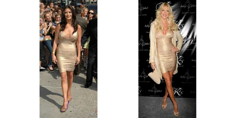 GÅR FOR GULL: Catherine Zeta-Jones og Victoria Silvstedt har begge kledd seg i en gullkjole fra Herve Leger. GÅR FOR GULL: Catherine Zeta-Jones og Victoria Silvstedt har begge kledd seg i en gullkjole fra Herve Leger.