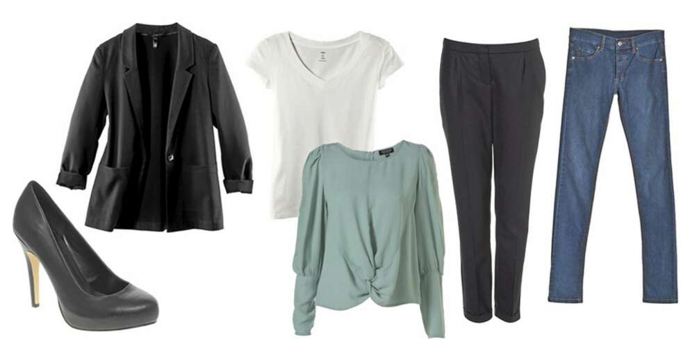 FRA VENSTRE: Pumps fra Asos (kr 249), blazer fra HogM kr 199), t-skjorte fra HogM (kr 69,50), bluse fra Topshop (kr 346), dressbukse fra Topshop (kr 500) og jeans fra Cheap Monday (kr 400). FRA VENSTRE: Pumps fra Asos (kr 249), blazer fra HogM kr 199), t-skjorte fra HogM (kr 69,50), bluse fra Topshop (kr 346), dressbukse fra Topshop (kr 500) og jeans fra Cheap Monday (kr 400).