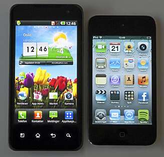 STORSKJERM: LG Optimus 2X har en fire tommer stor skjerm, som er merkbart større enn 3,5 tommer skjermen til iPhone 4, eller i dette tilfellet iPod Touch. STORSKJERM: LG Optimus 2X har en fire tommer stor skjerm, som er merkbart større enn 3,5 tommer skjermen til iPhone 4, eller i dette tilfellet iPod Touch.