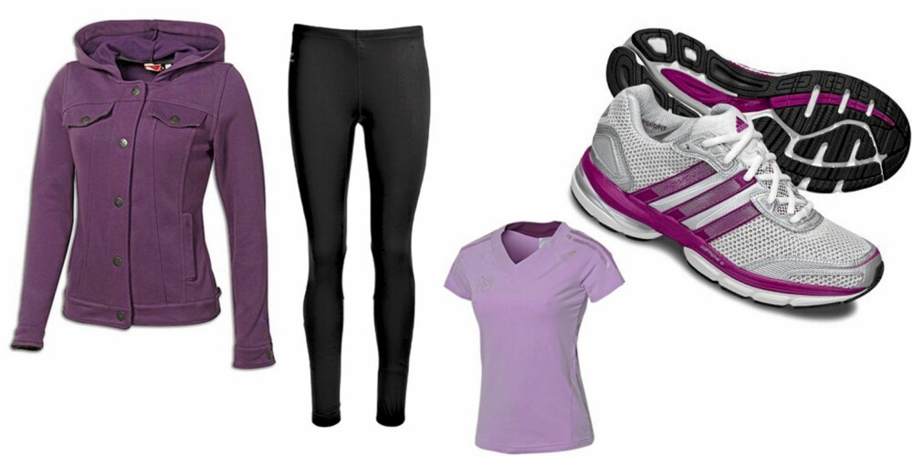 TØFF I LILLA: Fleecejakke fra Puma (kr 600), løpetights fra Ellos (kr 359), t-skjorte fra Adidas (kr 200), joggesko fra Adidas (kr 1200) TØFF I LILLA: Fleecejakke fra Puma (kr 600), løpetights fra Ellos (kr 359), t-skjorte fra Adidas (kr 200), joggesko fra Adidas (kr 1200)