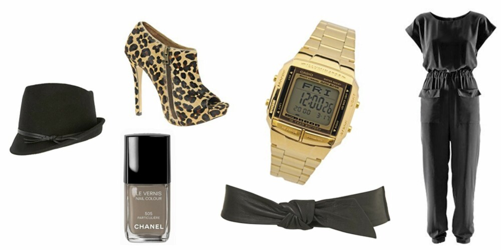STJEL STLEN 1: Hatt fra Asos.com (kr 259) Leopardboots fra Asos.com (kr 550), Neglelakk fra Chanel i 505 Particulère (kr 210), gullklokke fra Asos.com (kr 415), belte med sløyfe fra Topshop (kr 280), jumpsuit fra H&M (kr 349) STJEL STLEN 1: Hatt fra Asos.com (kr 259) Leopardboots fra Asos.com (kr 550), Neglelakk fra Chanel i 505 Particulère (kr 210), gullklokke fra Asos.com (kr 415), belte med sløyfe fra Topshop (kr 280), jumpsuit fra H&M (kr 349)