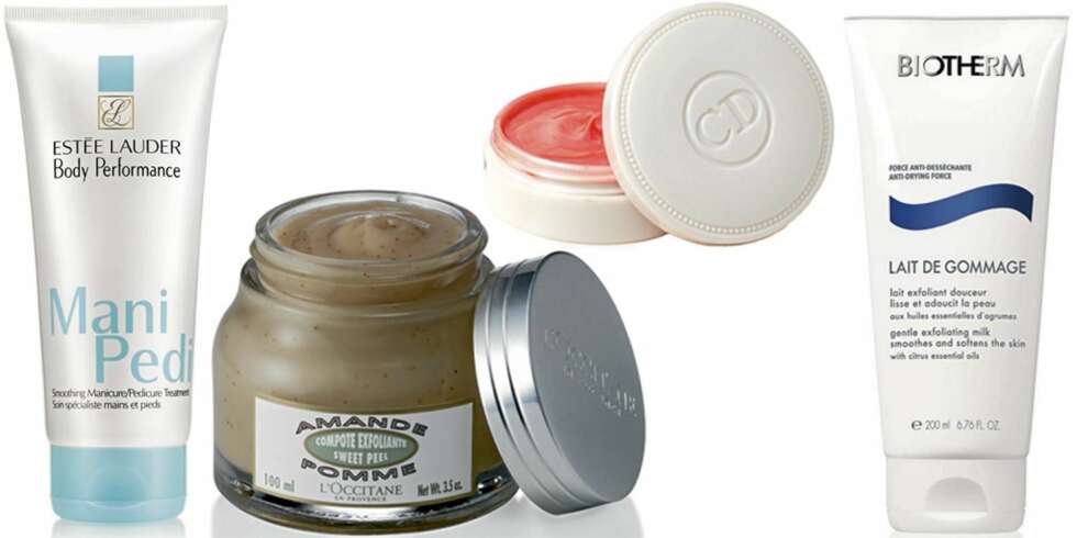 FRA VENSTRE: Estée Lauder Body Performance Manicure/Pedicure Treatment (kr 285), L'Occitane Almond Apple Sweet Peel (kr 245), Dior Crème Abricot Fortifying Cream for Nails (kr 210), Biother Lait de Gommage Exfoliating Milk (kr 235). FRA VENSTRE: Estée Lauder Body Performance Manicure/Pedicure Treatment (kr 285), L'Occitane Almond Apple Sweet Peel (kr 245), Dior Crème Abricot Fortifying Cream for Nails (kr 210), Biother Lait de Gommage Exfoliating Milk (kr 235).