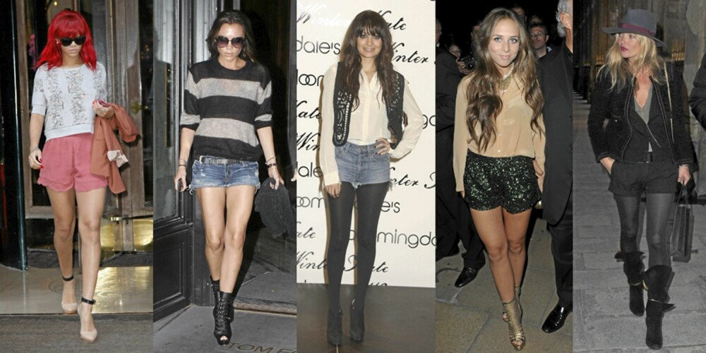 SHORTS: Rihanna, Victoria Beckham, Nicole Richie, Chloe Green og Kate Moss viser forskjellige måter du kan bruke shortsen på. SHORTS: Rihanna, Victoria Beckham, Nicole Richie, Chloe Green og Kate Moss viser forskjellige måter du kan bruke shortsen på.