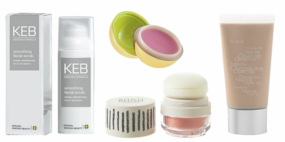 FRA VENSTRE: KEB Smoothing Facial Scrub (kr 335), HogM Lip Shine (kr 29,50), Topshop Blush (kr 75), RMK Creamy Polished Base (kr 216). FRA VENSTRE: KEB Smoothing Facial Scrub (kr 335), HogM Lip Shine (kr 29,50), Topshop Blush (kr 75), RMK Creamy Polished Base (kr 216).