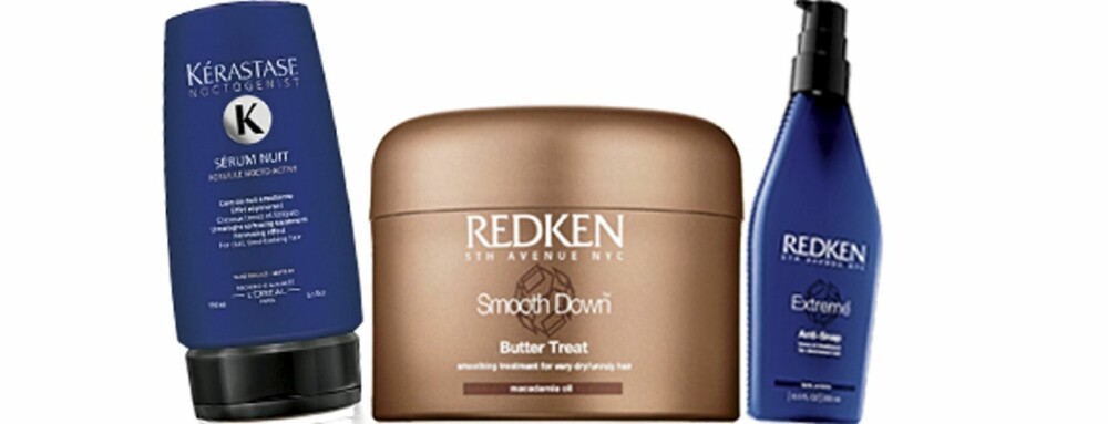 FRA VENSTRE: Kérastase Sérum Nuit (kr 355) Redken Smooth Down Butter Treat (kr 414), Redken Extreme Anti-Snap (kr 461) FRA VENSTRE: Kérastase Sérum Nuit (kr 355) Redken Smooth Down Butter Treat (kr 414), Redken Extreme Anti-Snap (kr 461)