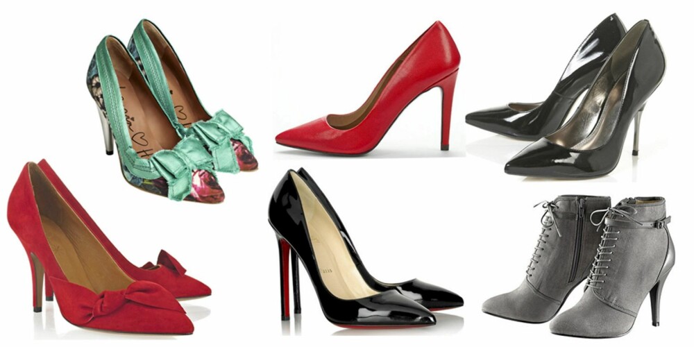 ØVERST FRA VENSTRE: Flerfargede pumps fra Lanvin for HogM (Kr 999). røde pumps fra Zara (kr 799) lakkpumps fra Topshop (kr ), røde pumps med sløyfe fra Isabel Marant (kr 3800/netaporter.com) sorte pumps fra Christian Louboutin (kr 3625/netaporter.com) og grå boots fra HogM (kr 399). ØVERST FRA VENSTRE: Flerfargede pumps fra Lanvin for HogM (Kr 999). røde pumps fra Zara (kr 799) lakkpumps fra Topshop (kr ), røde pumps med sløyfe fra Isabel Marant (kr 3800/netaporter.com) sorte pumps fra Christian Louboutin (kr 3625/netaporter.com) og grå boots fra HogM (kr 399).