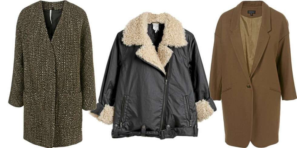 FRA VENSTRE: 70- tallsinspirert kåpe fra Topshop (kr 1496), saueskinnsjakke fra Monki (kr 800), ullfrakk fra Topshop (kr 949) FRA VENSTRE: 70- tallsinspirert kåpe fra Topshop (kr 1496), saueskinnsjakke fra Monki (kr 800), ullfrakk fra Topshop (kr 949)