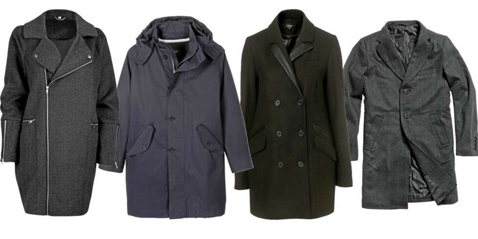 FRA VENSTRE: Kåpe fra BikBok (kr 699), parkas fra Lacoste (kr 6449), frakk fra Topshop (kr 949), frakk fra KappAhl (kr 1099) FRA VENSTRE: Kåpe fra BikBok (kr 699), parkas fra Lacoste (kr 6449), frakk fra Topshop (kr 949), frakk fra KappAhl (kr 1099)