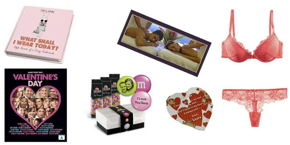 FOR HENNE: Bok om tips til antrekk hver dag fra amazon.com (kr 400), Valentine`s Day dvd fra cdon (kr 199), sjokolade med egne beskjeder og bilder fra gifts.com (kr 250), gavekort på parmassasjekurs fra parmassasje.no (kr 1500), puslespill der du kan skrive ting selv fra gifts.com (kr 80), undertøysett fra Hennes og Mauritz (BH kr 129, truse kr 59,50) FOR HENNE: Bok om tips til antrekk hver dag fra amazon.com (kr 400), Valentine`s Day dvd fra cdon (kr 199), sjokolade med egne beskjeder og bilder fra gifts.com (kr 250), gavekort på parmassasjekurs fra parmassasje.no (kr 1500), puslespill der du kan skrive ting selv fra gifts.com (kr 80), undertøysett fra Hennes og Mauritz (BH kr 129, truse kr 59,50)