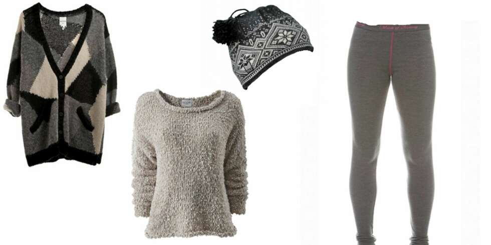 FRA VENSTRE: Strikket jakke fra Monki (kr 100), genser fra Gina Tricot (kr 249), lue fra Dale of Norway (kr 399), ulltights fra Moods of Norway (kr 699). FRA VENSTRE: Strikket jakke fra Monki (kr 100), genser fra Gina Tricot (kr 249), lue fra Dale of Norway (kr 399), ulltights fra Moods of Norway (kr 699).