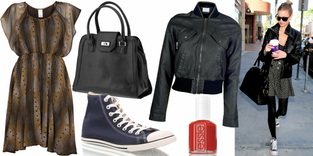 FRA VENSTRE: Kjole fra Vila (kr 350), veske fra Morris (kr 399), sko fra Converse/Nelly.com (kr 699), skinnjakke fra Only (kr 559), neglelakk fra Essie/Nelly.com (kr 149). FRA VENSTRE: Kjole fra Vila (kr 350), veske fra Morris (kr 399), sko fra Converse/Nelly.com (kr 699), skinnjakke fra Only (kr 559), neglelakk fra Essie/Nelly.com (kr 149).