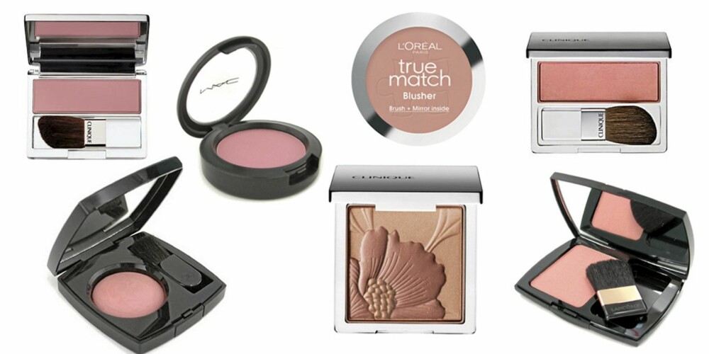 ØVERST FRA VENSTRE: Clinique Blushing Blush i Smoldering Plum (kr 260), MAC Powder Blush i Dame (kr 195), L'Oreal Paris Blush i Rosewood (kr 179), Clinique Blushing Blush i Precious Posy (kr 260), Chanel Joues Contraste i Tea Rose (kr 355), Clinique Fresh Bloom i Almond Blossom (kr 285) og Lancôme Blush Subtil i Peach Fever (kr 350). ØVERST FRA VENSTRE: Clinique Blushing Blush i Smoldering Plum (kr 260), MAC Powder Blush i Dame (kr 195), L'Oreal Paris Blush i Rosewood (kr 179), Clinique Blushing Blush i Precious Posy (kr 260), Chanel Joues Contraste i Tea Rose (kr 355), Clinique Fresh Bloom i Almond Blossom (kr 285) og Lancôme Blush Subtil i Peach Fever (kr 350).