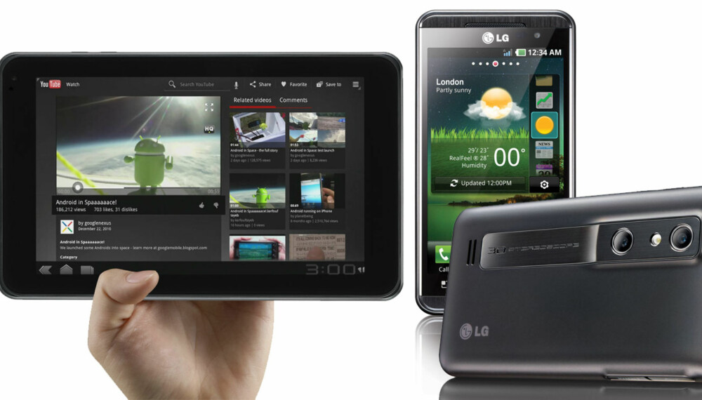 3D-VIDEO: Både Optimus Pad (t.v.) og Optimus 3D kan ta opp video i 3D. Telefonen har 3D-skjerm. 3D-VIDEO: Både Optimus Pad (t.v.) og Optimus 3D kan ta opp video i 3D. Telefonen har 3D-skjerm.