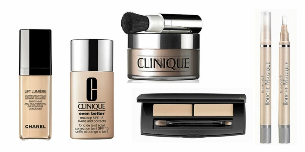 FRA VENSTRE: Chanel Lift Lumiere Foundation (kr 455), Clinique Even Better foundation (kr 275), Clinique Blended Face Powder (kr 240), Lancôme La Touche Pro concealer (kr 400) og L'Oreal Touche Magique concealer (kr 119). FRA VENSTRE: Chanel Lift Lumiere Foundation (kr 455), Clinique Even Better foundation (kr 275), Clinique Blended Face Powder (kr 240), Lancôme La Touche Pro concealer (kr 400) og L'Oreal Touche Magique concealer (kr 119).