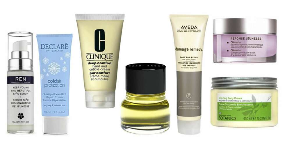 FRA VENSTRE: Ren Keep Young serum (kr 595), Declaré Cold Air protection (kr 154), Clinique Deep Comfort hand og cuticle cream (kr 150), Bobbi Brown Extra Face oil (kr 600), Aveda Damage Remedy Hair Repair (kr 380), Maris Climatis climatic protective balm (kr 589) og Botanics Enriching body cream (kr 79). FRA VENSTRE: Ren Keep Young serum (kr 595), Declaré Cold Air protection (kr 154), Clinique Deep Comfort hand og cuticle cream (kr 150), Bobbi Brown Extra Face oil (kr 600), Aveda Damage Remedy Hair Repair (kr 380), Maris Climatis climatic protective balm (kr 589) og Botanics Enriching body cream (kr 79).