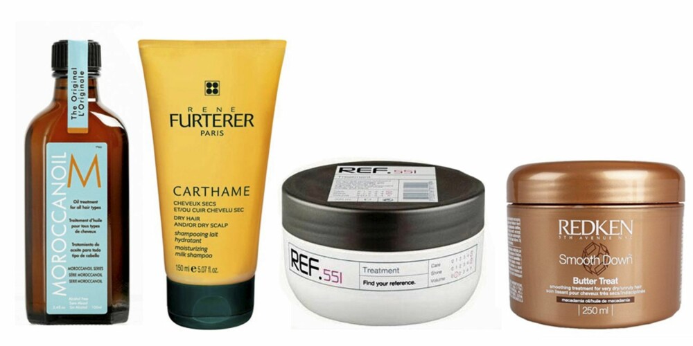FRA VENSTRE: Moroccan Oil Treatment (kr 300), René Furterer Moisturizing Milk shampoo (kr 210), Ref Treatment (kr 195) og Redken Smooth Down Butter Treat (kr 414) FRA VENSTRE: Moroccan Oil Treatment (kr 300), René Furterer Moisturizing Milk shampoo (kr 210), Ref Treatment (kr 195) og Redken Smooth Down Butter Treat (kr 414)