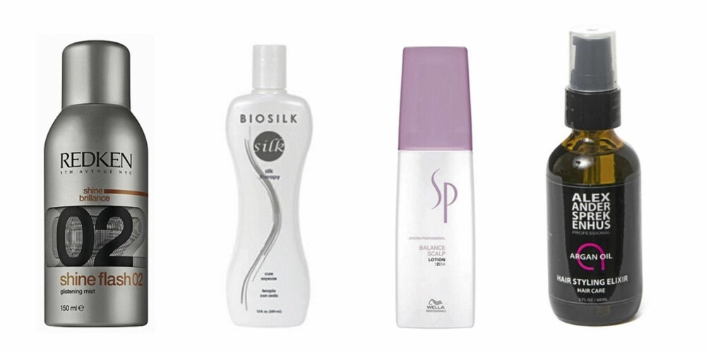 FRA VENSTRE: Redken Shine Flash (kr 268), Biosilk Hair Therapy (kr 219), SP Hydrate Finish (kr 249) og Alexander Sprekenhus Hair Elixir (kr 349). FRA VENSTRE: Redken Shine Flash (kr 268), Biosilk Hair Therapy (kr 219), SP Hydrate Finish (kr 249) og Alexander Sprekenhus Hair Elixir (kr 349).