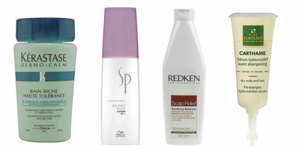 FRA VENSTRE: Kérastace Bain Riche Dermo Calm (kr 209), SP Balance Scalp Lotion (kr 249), Redken Soothing Balance shampoo (kr 268) og René Furterer Carthame preshampoo hydro serum (kr 429). FRA VENSTRE: Kérastace Bain Riche Dermo Calm (kr 209), SP Balance Scalp Lotion (kr 249), Redken Soothing Balance shampoo (kr 268) og René Furterer Carthame preshampoo hydro serum (kr 429).